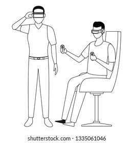 People playing with virtual reality glasses in black and white