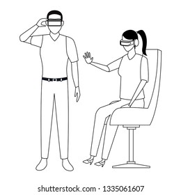 People playing with virtual reality technology in black and white