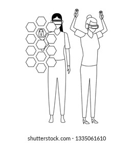 People playing with virtual reality technology in black and white