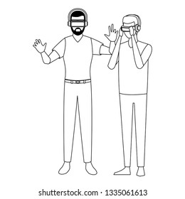 People playing with virtual reality technology in black and white