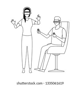 People playing with virtual reality technology in black and white