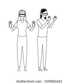 People playing with virtual reality technology in black and white