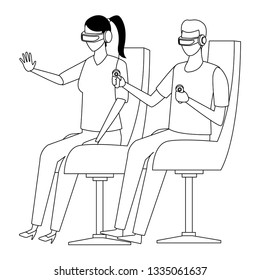 People playing with virtual reality technology in black and white