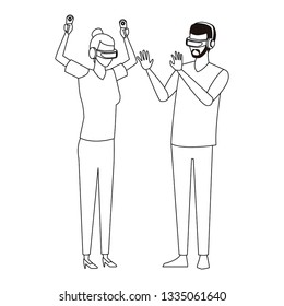 People playing with virtual reality technology in black and white