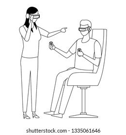 People playing with virtual reality technology in black and white