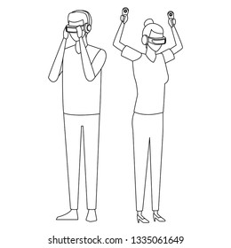 People playing with virtual reality technology in black and white