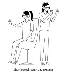 People playing with virtual reality technology in black and white