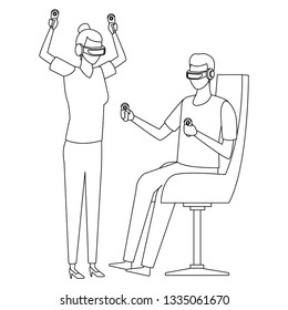 People playing with virtual reality technology in black and white
