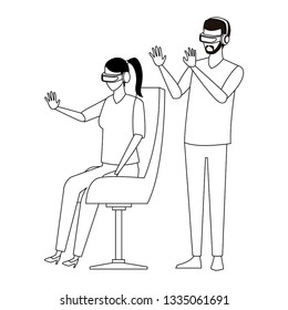 People playing with virtual reality technology in black and white