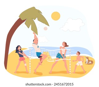 People playing volleyball on the beach with a palm tree, sun, and a dog, on a light background, conveying a concept of leisure and sport. Flat vector illustration