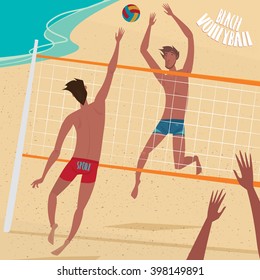 People Playing Volleyball On The Beach - Beach Volleyball Concept. Vector Illustration