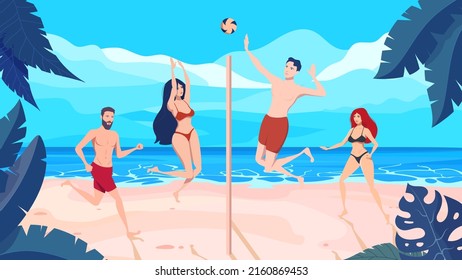 People are playing volleyball on a tropical beach. Cartoon vector illustration.