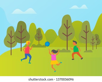 People playing volleyball outdoor, friends or family in sportwear relaxing, cloudy sky and green forest. Full length view of girls and boy vector