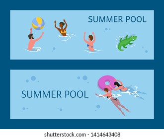 People playing volleyball, summer aqua activity. Man and woman wearing swimwear, splashing in water, pool in summer, swimming females with inflatable rubber circle vector