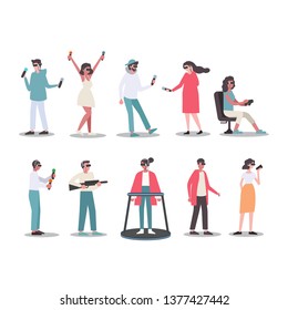 people playing VR game on background. wearing VR Glasses to play game. people happy with VR game. People Group Team Wear Virtual Reality Digital Glasses Headset.