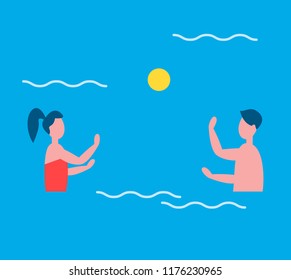 People playing in water polo in swimming pool. Man and woman couple throwing big ball to each other. Games and activities for sportive persons vector