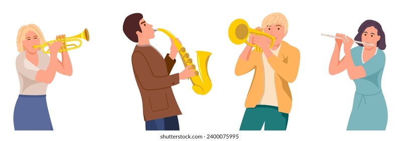 Gente jugando a instrumentos eólicos. Saxofón, clarinete, flautista, banda de música pop o popular artista individual de club. Ilustración de dibujos animados de estilo plano vectorial aislados en fondo blanco