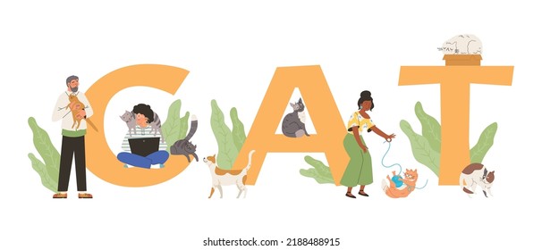 People playing and working with cats, typographic header banner, flat vector illustration isolated on white. Cat inscription with people cuddling their pet animals. Concept of cat person.