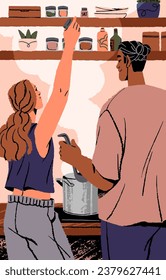 People pleasure spend time in house. Lovers preparing food at kitchen. Couple cooking on weekend at cozy home postcard. Man and woman in relationship rest, relax together. Flat vector illustration