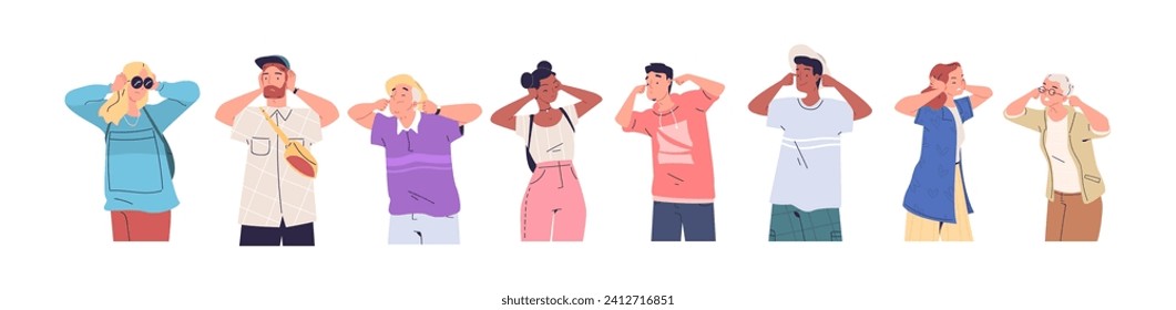 People plugging ears. Annoyed girlfriend and angry man cover ear with hands from loud sound or pain, stressed woman clenching jaws noise sensitive, flat vector illustration of angry person cartoon