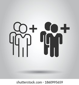 People with plus icon in flat style. Staff vector collection illustration on white isolated background. Human business concept.
