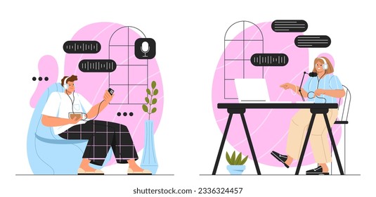 People with podcasts set. Man in headphones listens to audio files. Young girl with microphone creates interesting content, broadcasting. Cartoon flat vector collection isolated on white background