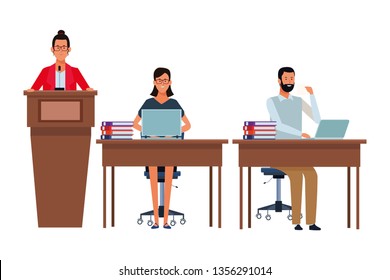 people in podium and desk