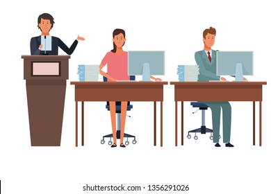 people in podium and desk