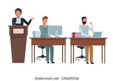 people in podium and desk