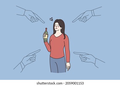 People point at drunk woman holding bottle in hand. Society blaming female with alcoholic addiction problem. Alcohol addict, bad unhealthy habit. Flat vector illustration, cartoon character. 