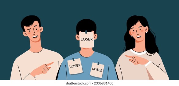 People point the finger at the loser man. A victim of bullying. Ridicule and rejection by society. A person with badges is a loser subjected to people's insults.Concept illustration