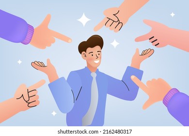 People Point Finger. Man Surrounded By Hands Pointing Him. People Blame Guy. Public Censure And Victim Blaming Concept. Flat Vector Illustration