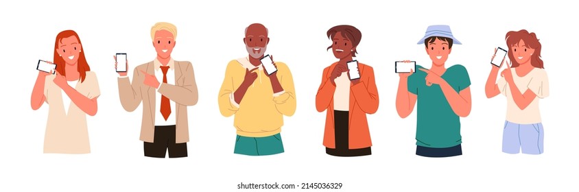 La gente señala en la pantalla vacía de los teléfonos móviles como ilustración vectorial. Personajes de caricatura masculinos y femeninos sostienen un smartphone para usar aplicaciones y mostrar gestos de presentación aislados en blanco. Concepto de conexión