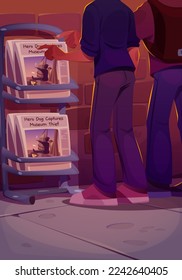 People point on newspapers on stand on city street. Shelf with paper magazines with articles about dog and museum thief and picture with man crash into obelisk in desert, vector cartoon illustration