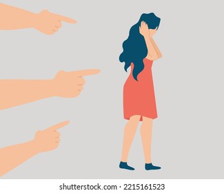 People point their fingers at a woman and surround her. Teenage girl covers her ears because of insults. Stop violence, bullying and abuse against children and women. Mental health concept.