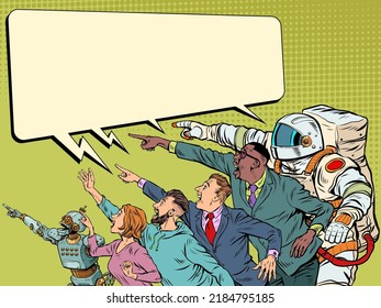 People point with their hand. Template advertising announcement news sale. Businessman woman man astronaut Pop Art Retro Vector Illustration 50s 60s Style Kitsch Vintage Drawing