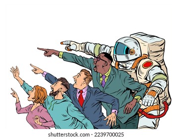 People point with their hand. Template advertising announcement news sale. Businessman woman man astronaut Pop Art Retro Vector Illustration 50s 60s Style Kitsch Vintage Drawing