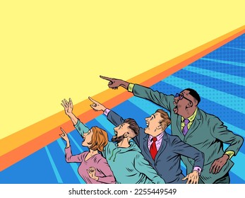 People point with their hand. Template advertising announcement news sale. Businessman woman man. Pop Art Retro Vector Illustration 50s 60s Style Kitsch Vintage Drawing