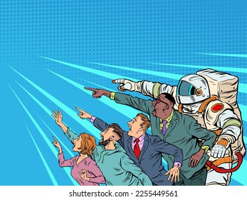 People point with their hand. Template advertising announcement news sale. Businessman woman man astronaut Pop Art Retro Vector Illustration 50s 60s Style Kitsch Vintage Drawing