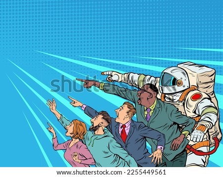 People point with their hand. Template advertising announcement news sale. Businessman woman man astronaut Pop Art Retro Vector Illustration 50s 60s Style Kitsch Vintage Drawing