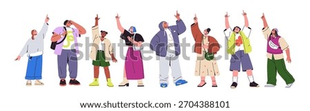 People point up, set. Happy excited men and women standing with raised arms and fingers pointing upward to sky, watching, looking at something. Flat vector illustration isolated on white background