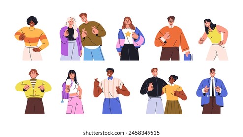 People point at you set. Different characters indicate forward with index finger. Happy men and women show hand gestures, choose, make choice. Flat isolated vector illustrations on white background