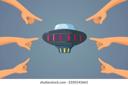 
People Pointing to an Alien UFO Spaceship Vector Cartoon illustration. Space invasion of a unknown flying object in the sjy
