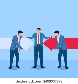 people pointing arrows to unite, a metaphor for mediation. Simple flat conceptual illustration.