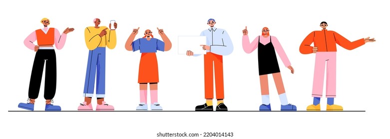 People pointing up and aside with finger and hand, showing blank screen of mobile phone and empty banner. Characters with pointing gesture isolated on white background, vector flat illustration