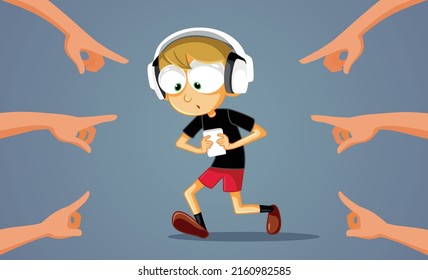 
People Pointing To A Boy Holding A Smartphone Listening To Music. Family Staging An Intervention For Young Teen Addicted To Technology
