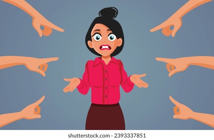 
People Pointing to a Confused Innocent Woman Vector Cartoon. Insecure confused woman feeling puzzled and in doubt being bullied 
