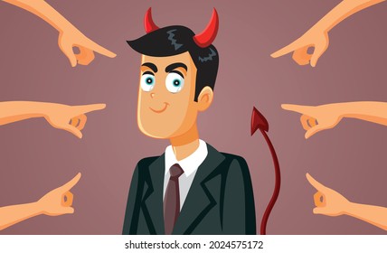 People Pointing to Devilish Businessman Vector Cartoon. Society finding guilty the evil rich businessman committing fraud and immoral deeds 
