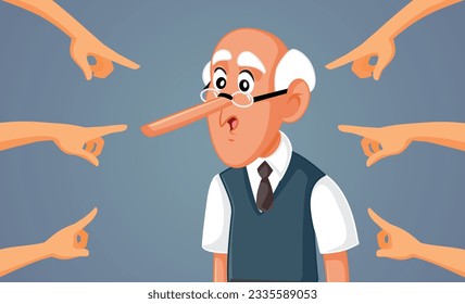 
People Pointing to an Elderly Man telling Lies Vector Cartoon Illustration. Deceitful grandpa being blamed and incriminated 
