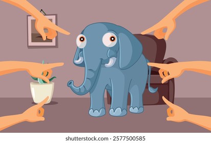 
People Pointing to the Elephant in the Room Funny Vector. Symbolic image of an obvious hard to ignore issue
 